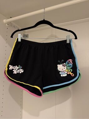Hello Kitty Black Shorts with Rainbow Trim and Glittery Butterfly Graphic